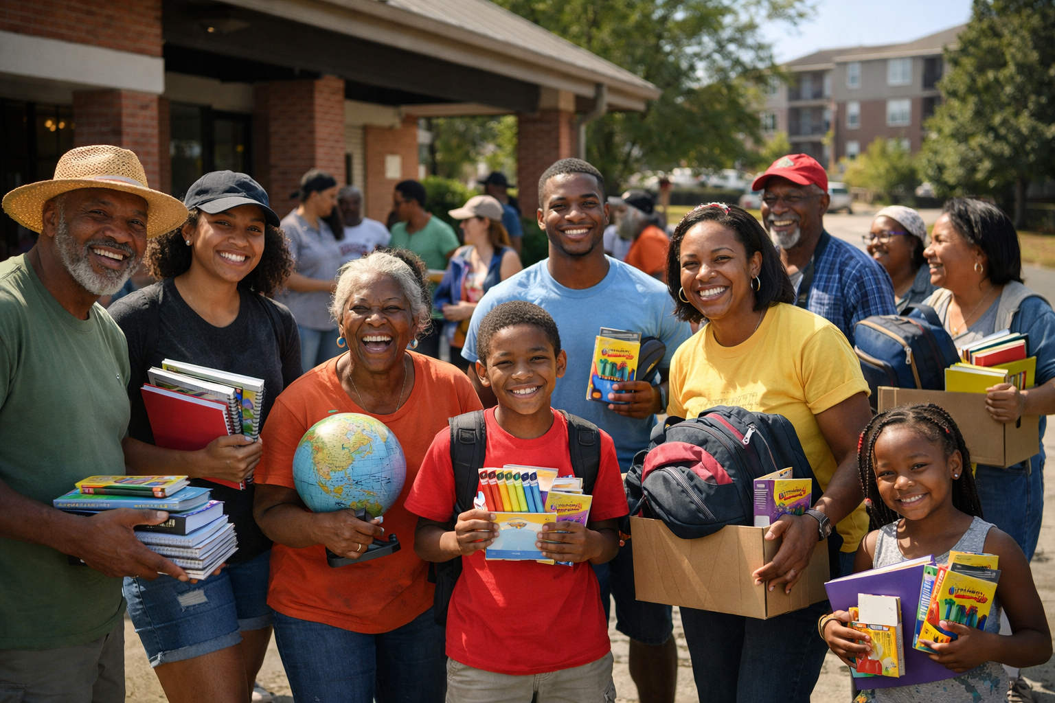 Volunteers distributing school supplies